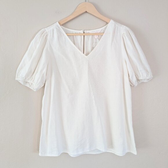 NWT Lauren Conrad Ivory Linen Blend Puff Sleeve V-Neck Top With Keyhole Back XS - Picture 1 of 11